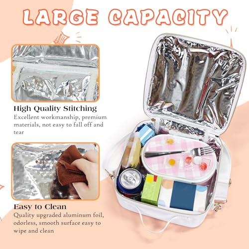 LOKFAR Insulated Lunch Bag Women Lunch Box Kids for Teen Girls Boys, Cute Preppy Lunch Boxes With Adjustable Shoulder Strap, Waterproof Nylon Lunchbox Lunch Bags for School Work Picnic (White) - Image 3