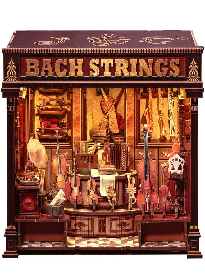 Cutefun Book Nook Kit - DIY Miniature Dollhouse Wooden Bookends Bookshelf With LED Light, 3D Wooden Jigsaw Craft Home Deco for Teens and Adults (Bach Strings) - Image 1