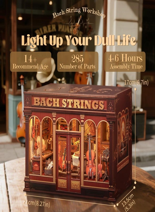 Cutefun Book Nook Kit - DIY Miniature Dollhouse Wooden Bookends Bookshelf With LED Light, 3D Wooden Jigsaw Craft Home Deco for Teens and Adults (Bach Strings) - Image 2