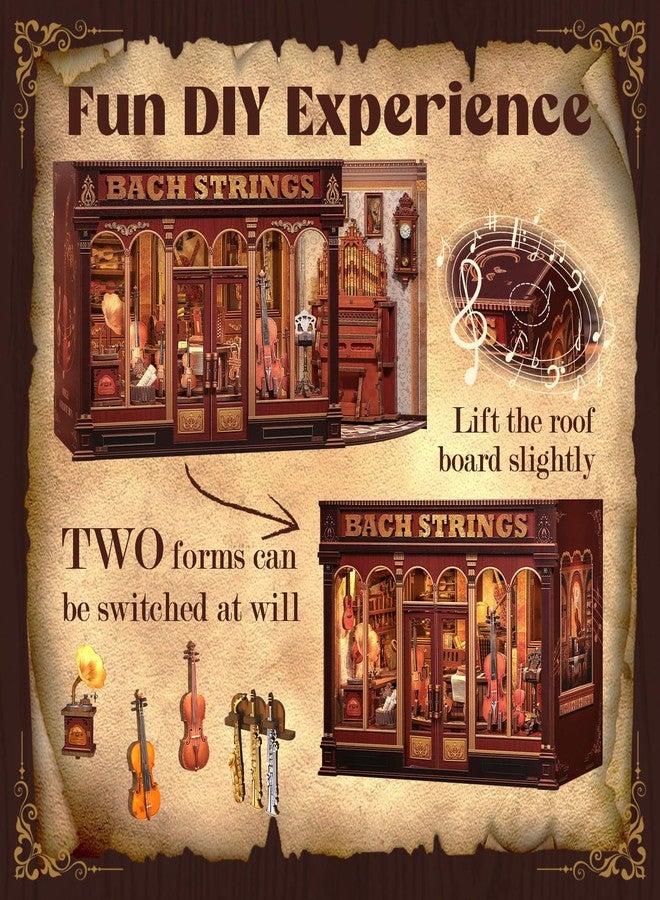 Cutefun Book Nook Kit - DIY Miniature Dollhouse Wooden Bookends Bookshelf With LED Light, 3D Wooden Jigsaw Craft Home Deco for Teens and Adults (Bach Strings) - Image 4