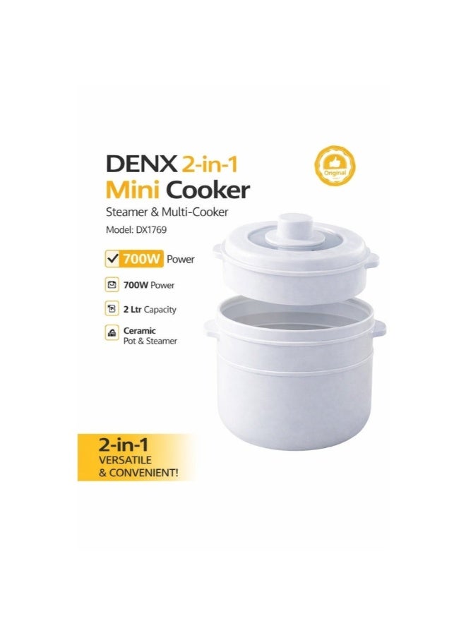 Dreamzon 2 in 1 Mini Electric Cooker 700W Rice Cooker and Steamer 2L Ceramic Non Stick Pot Portable Multi Cooker for Rice Soup Noodles Steaming Compact Kitchen Appliance DX1769 - Image 1