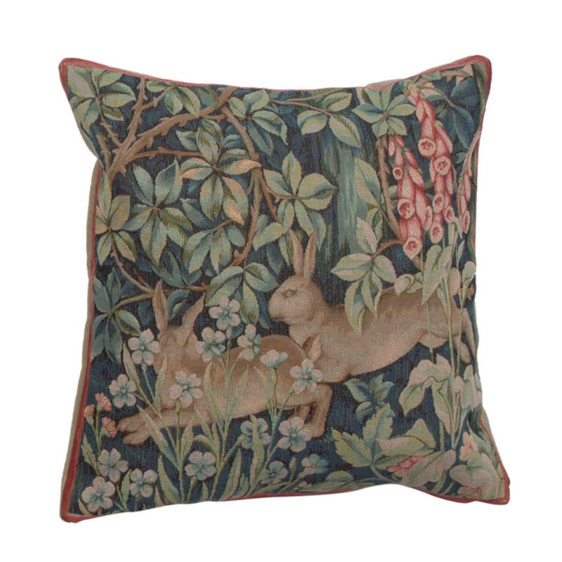 Charlotte Home Furni Charlotte Home Furnishings Inc. Two Hares in A Forest Large Square Throw Pillow Cover - 19 X 19 Decorative Boho Cushion Cotton Room Decor Jacquard Woven France Cushion for Living Room  - Image 1