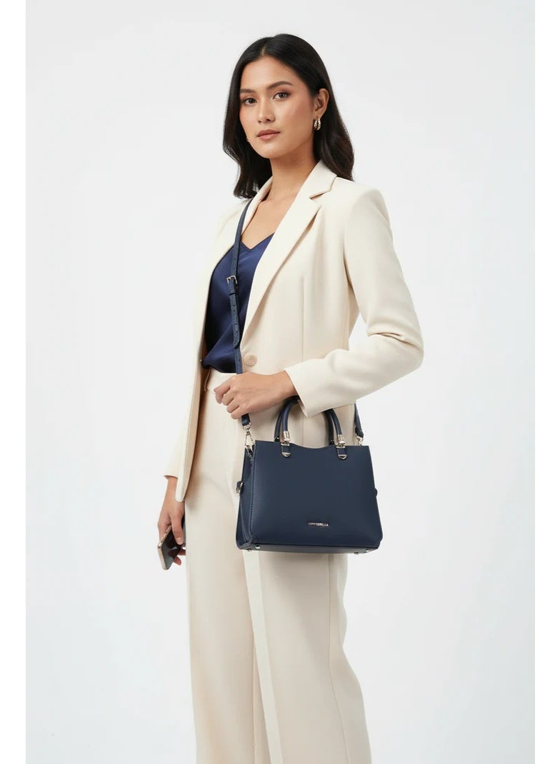 Chrisbella Mini Navy Blue Luxury Handbag with Adjustable Sling & Matching Pouch – Elegant Top Handle Crossbody Bag - Image 4