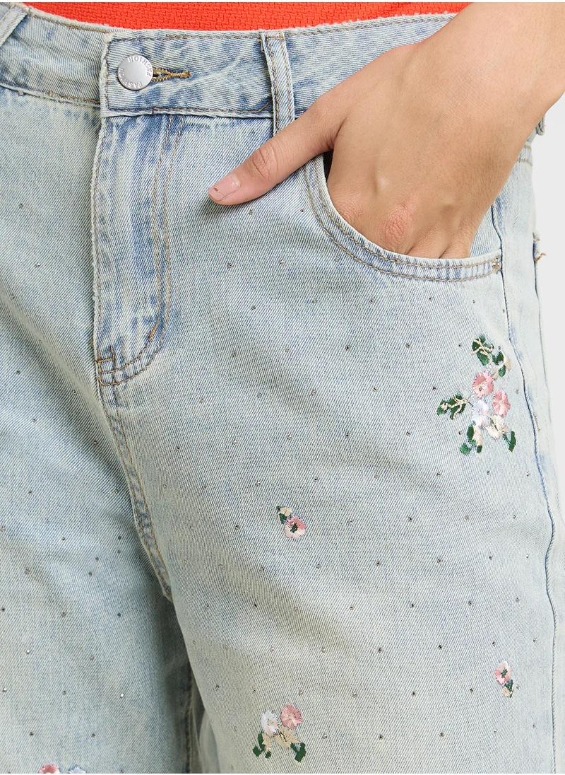 جينجر Mid Wash Wide Leg Jeans With Floral Embroidery