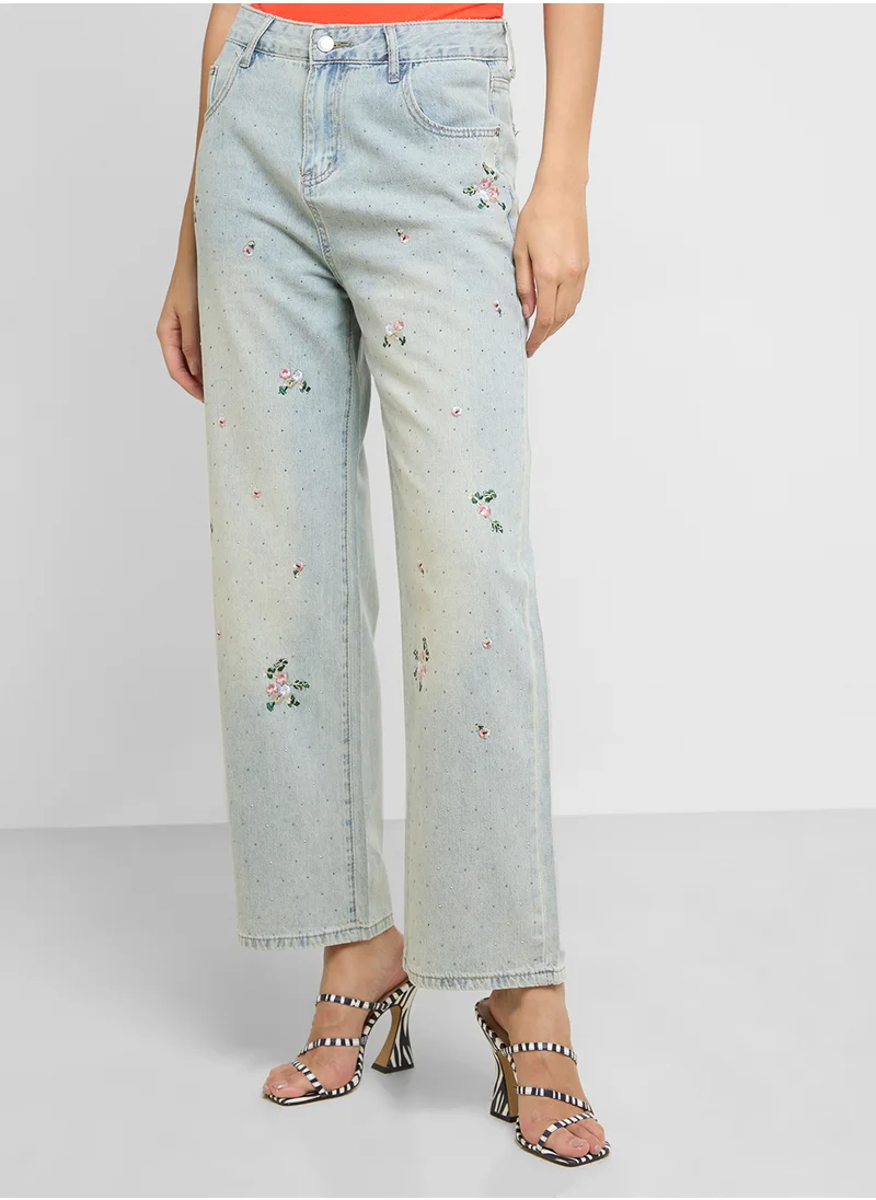 جينجر Mid Wash Wide Leg Jeans With Floral Embroidery