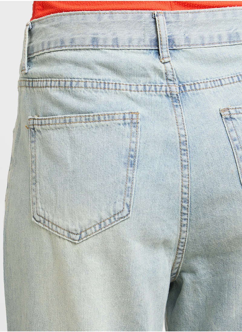 جينجر Mid Wash Wide Leg Jeans With Floral Embroidery