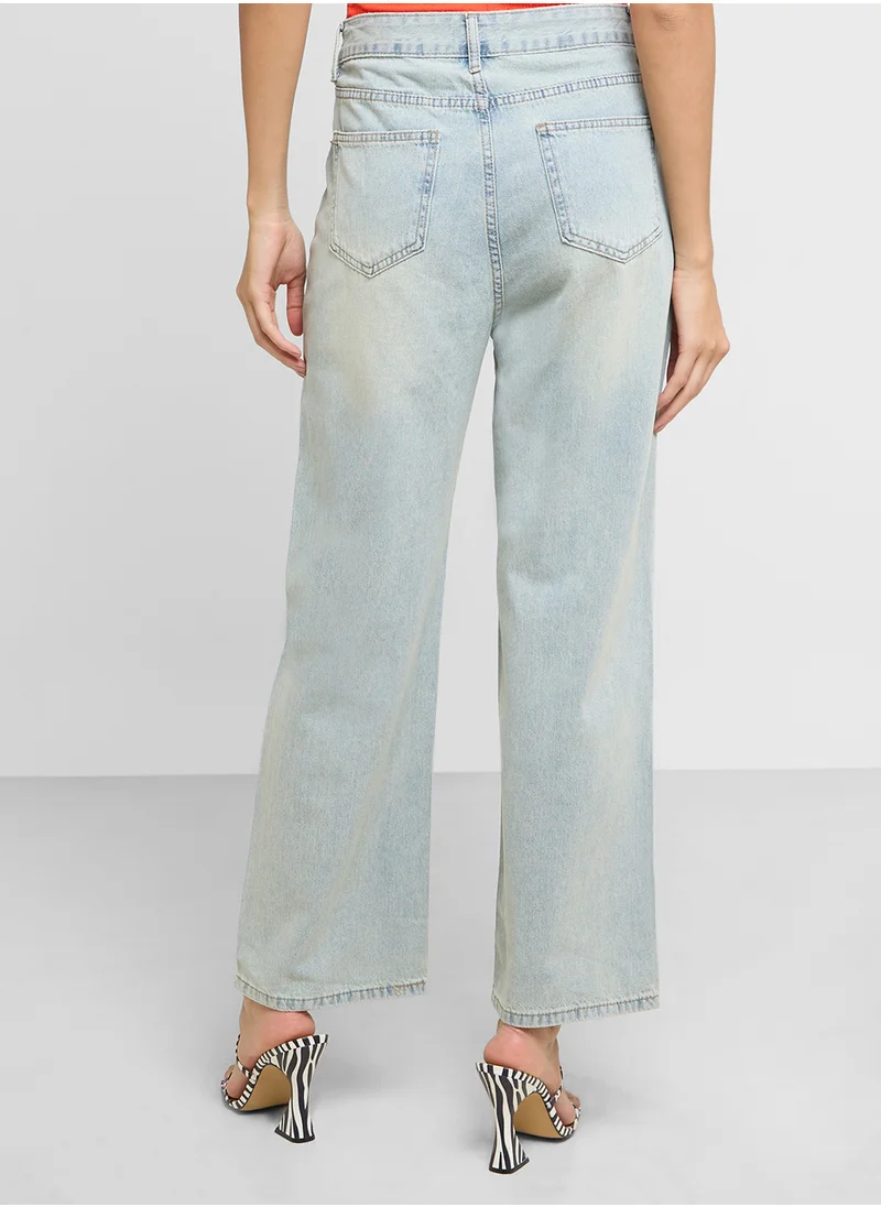 جينجر Mid Wash Wide Leg Jeans With Floral Embroidery