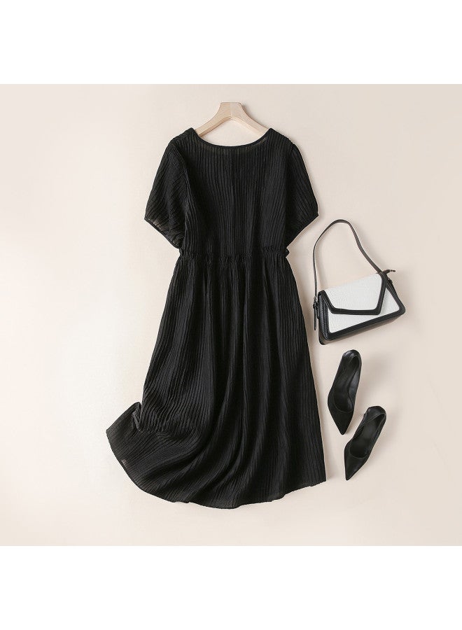 XINYANG Summer Short Sleeve Dress - Vintage Textured Striped Waist-defining Midi Dress With Round Neckline - Image 3