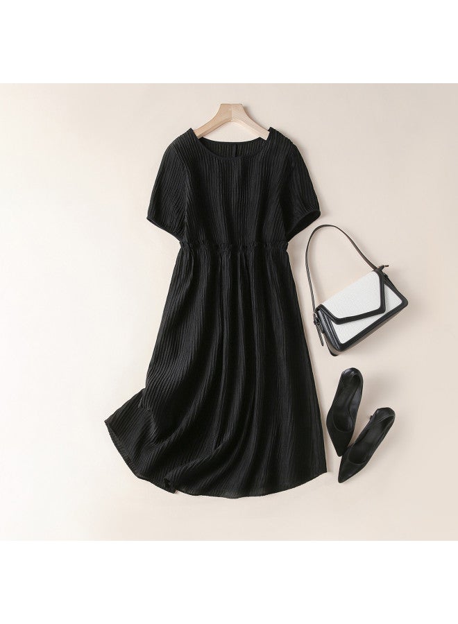 XINYANG Summer Short Sleeve Dress - Vintage Textured Striped Waist-defining Midi Dress With Round Neckline - Image 2
