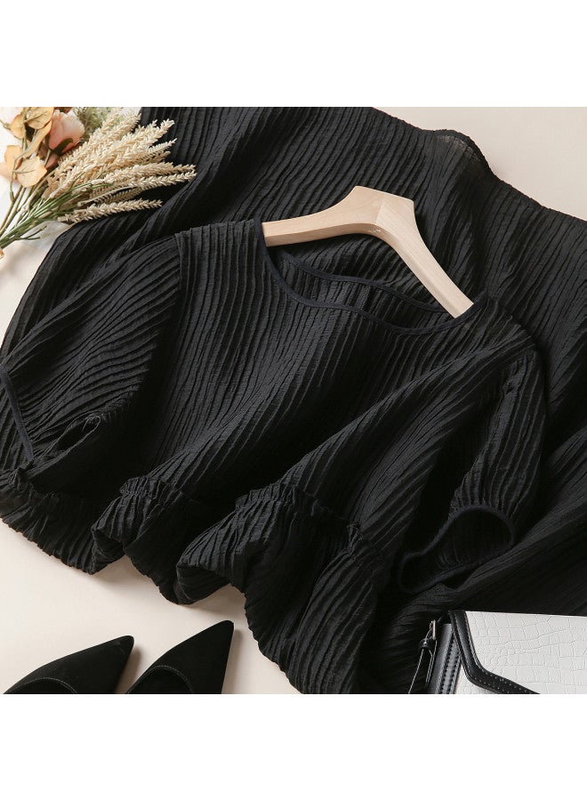 XINYANG Summer Short Sleeve Dress - Vintage Textured Striped Waist-defining Midi Dress With Round Neckline - Image 5