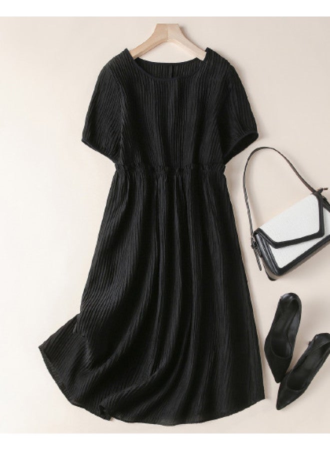 XINYANG Summer Short Sleeve Dress - Vintage Textured Striped Waist-defining Midi Dress With Round Neckline - Image 1