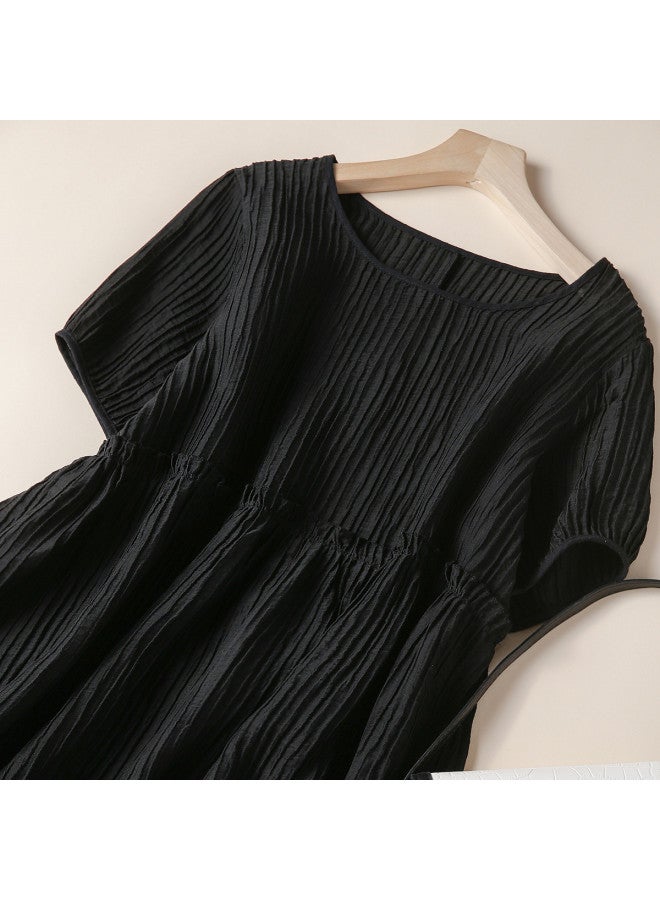 XINYANG Summer Short Sleeve Dress - Vintage Textured Striped Waist-defining Midi Dress With Round Neckline - Image 4