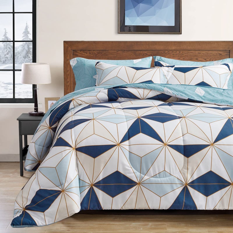 Flysheep Flysheep Bed in a Bag 6 Pieces Twin for Kids  Modern Blue Triangles Geometric Style  Microfiber Comforter Sheet Set (1 Comforter  1 Flat Sheet  1 Fitted Sheet  2 Pillow Shams  1 Pillowcase)  - Image 3