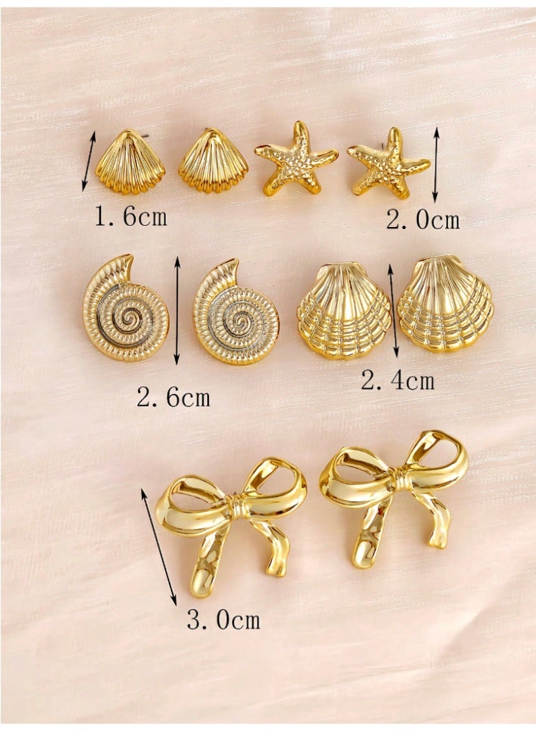 SHEIN 10 PCS  Shell, Starfish, Seashell & Bow Stud Earrings Set, Ocean Style Earrings - Image 3
