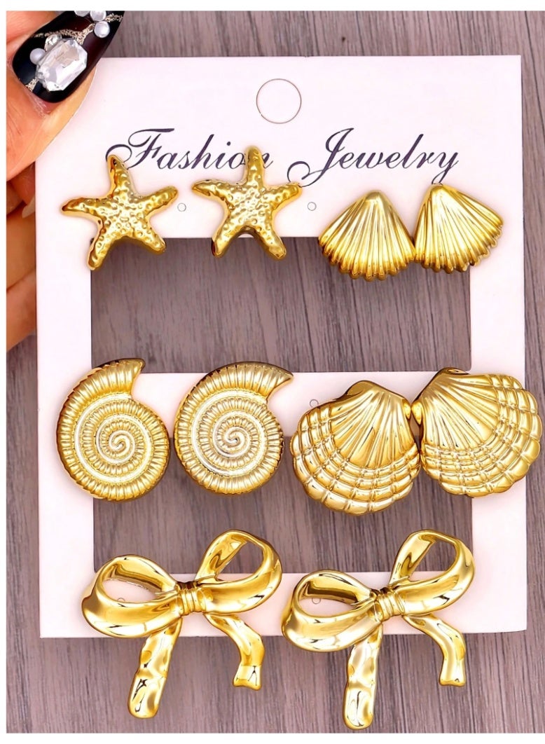SHEIN 10 PCS  Shell, Starfish, Seashell & Bow Stud Earrings Set, Ocean Style Earrings - Image 1