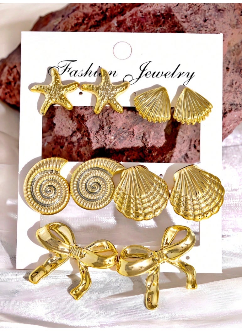 SHEIN 10 PCS  Shell, Starfish, Seashell & Bow Stud Earrings Set, Ocean Style Earrings - Image 4