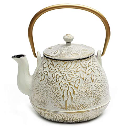 Toptier Cast Iron Tea Kettle Stovetop Safe Japanese Cast Iron Teapot with Infuser Leaf Design Tea Kettle for Stove Top Coated with Enameled Interior for 32 Ounce 950 ml Warm Beige  Gray