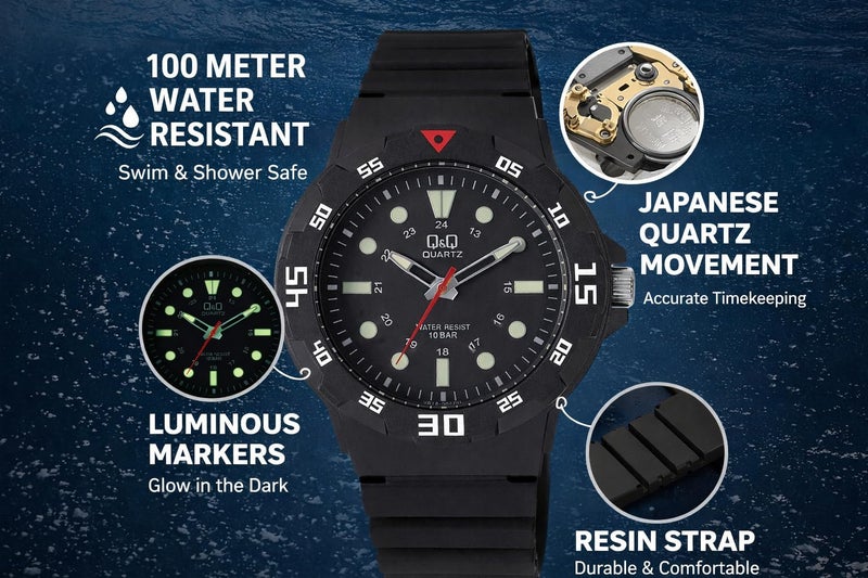 Q&Q Men’s Black Dial Fibre Strap Watch – Water Resistant up to 100 Meters, Lightweight and Comfortable - VR18J002Y - Image 3