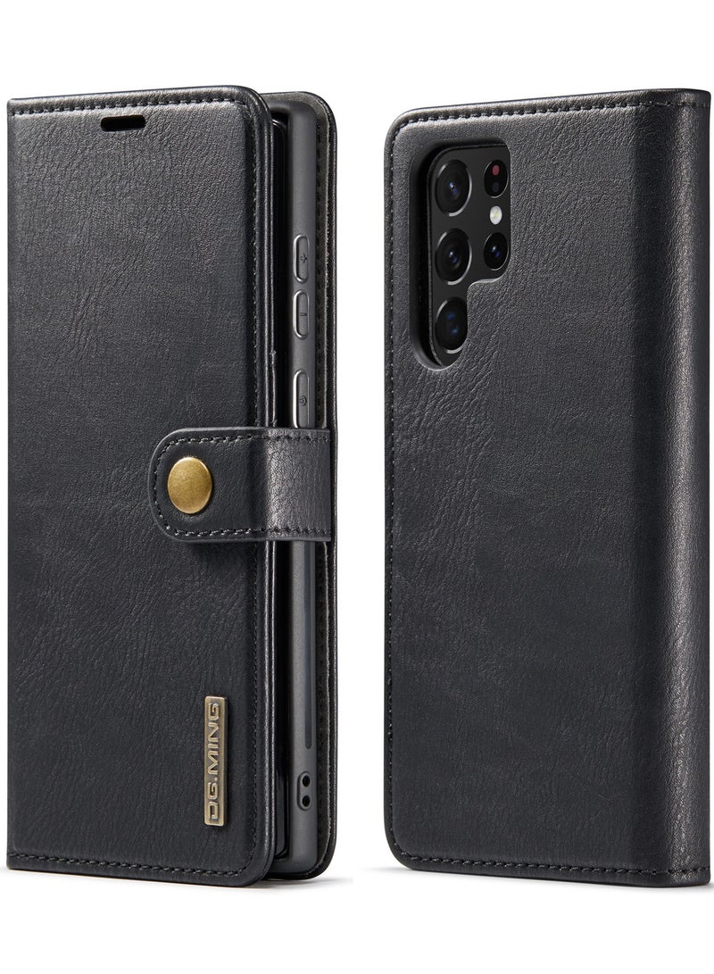 CaseMe Samsung Galaxy S22 Ultra 5G DG.MING Crazy Horse Texture Detachable Magnetic Leather Case - Black