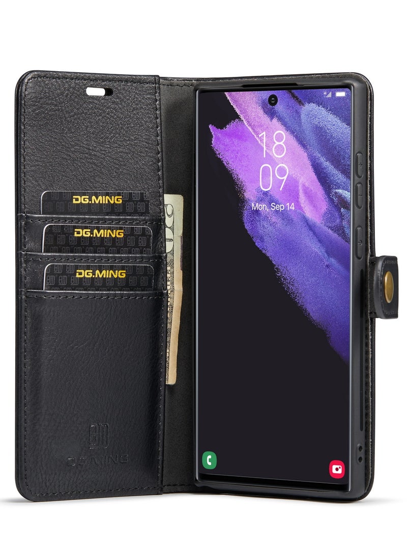 CaseMe Samsung Galaxy S22 Ultra 5G DG.MING Crazy Horse Texture Detachable Magnetic Leather Case - Black