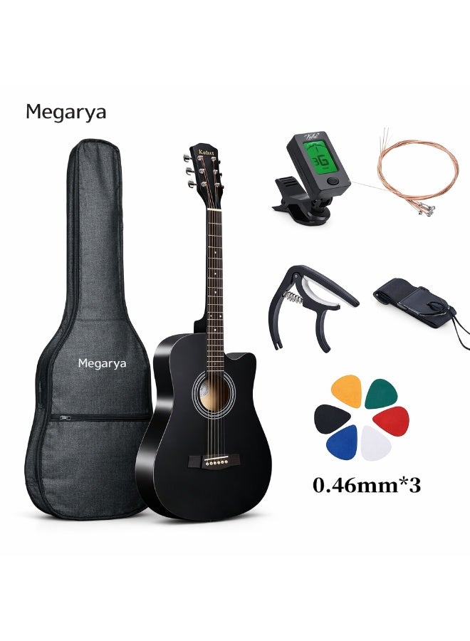 Megarya 38 Inch Acoustic Guitar Set for Beginner Students | Black Finish | Guitar Combo with Tuner, Strings, Capo, Strap, Picks & Carry Bag