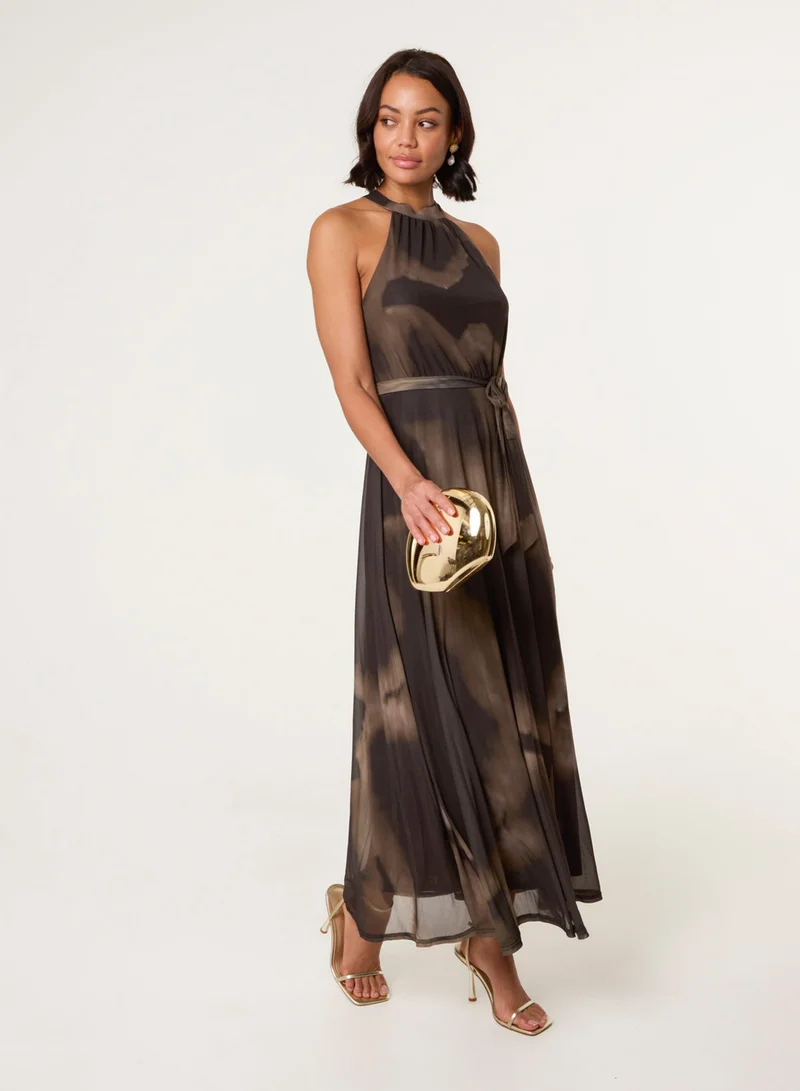Printed Mesh Halterneck Belted Maxi Dress