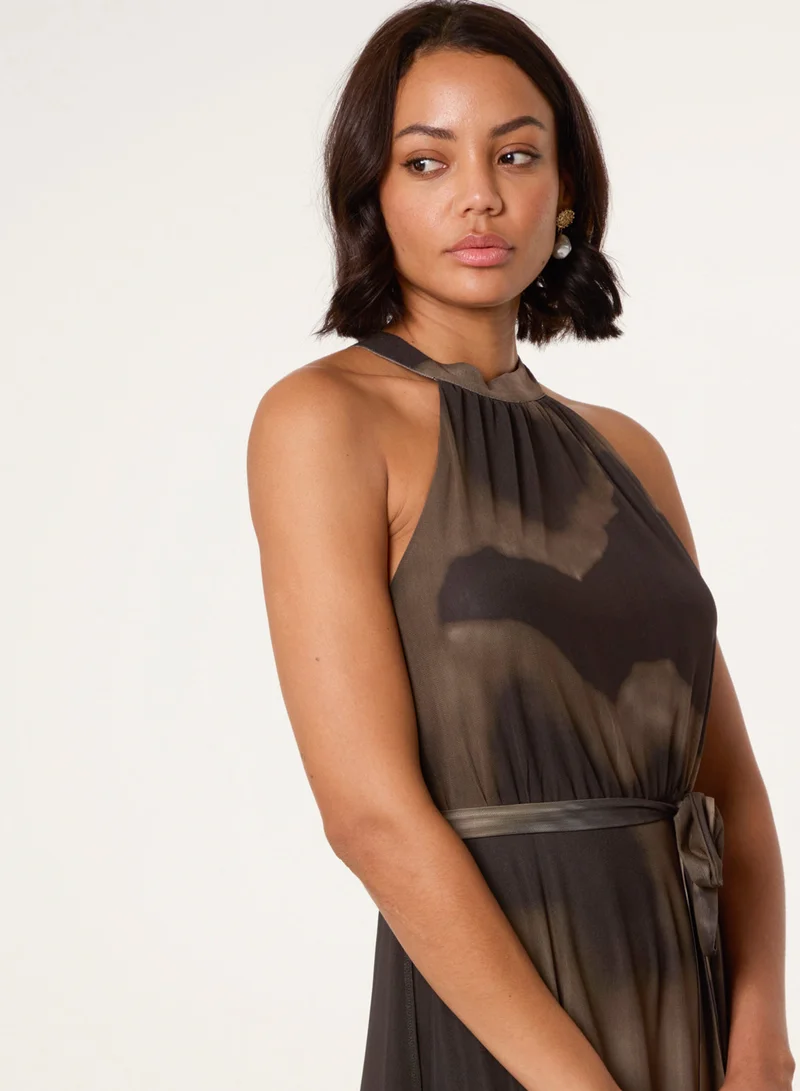 Blue Vanilla Printed Mesh Halterneck Belted Maxi Dress