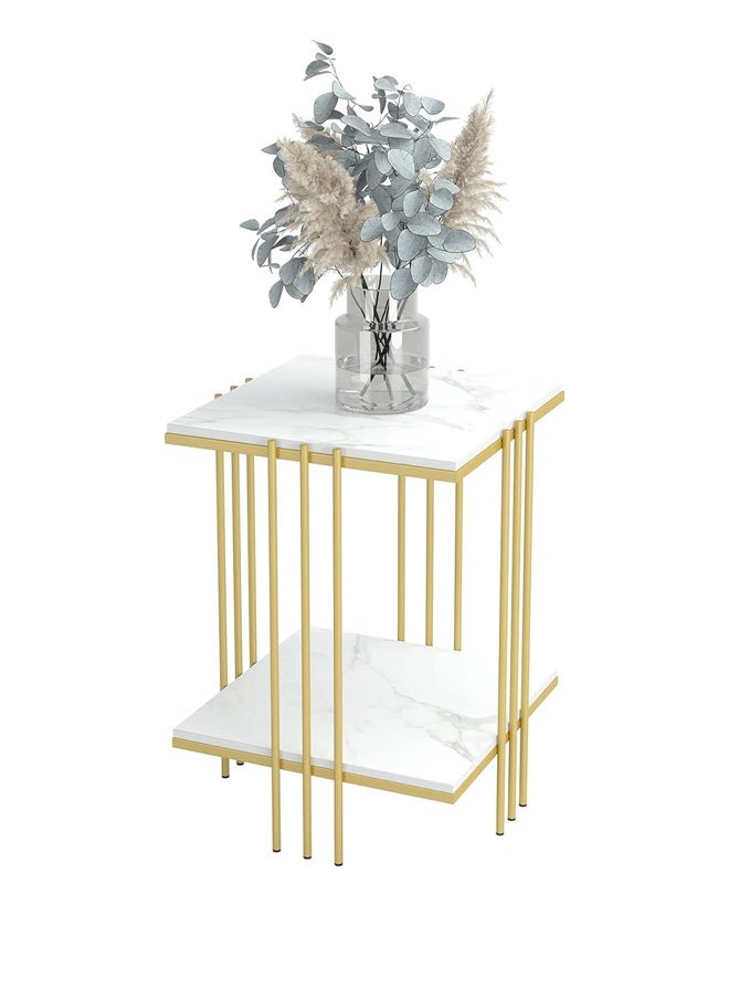 Generic Marble Top Side Table Gold 2 Tier Square White End Tables Sintered Stone Tabletop Bedside Table with Metal Golden Legs Nightstand Sofa Accent Table Home Furniture 44.5x44.5x55.5cm  - Image 1