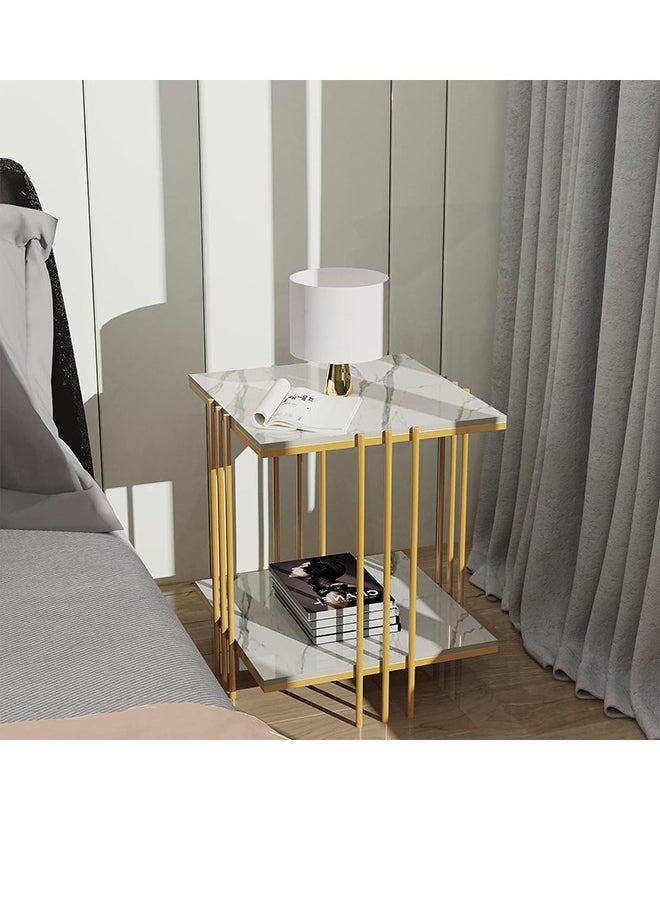 Generic Marble Top Side Table Gold 2 Tier Square White End Tables Sintered Stone Tabletop Bedside Table with Metal Golden Legs Nightstand Sofa Accent Table Home Furniture 44.5x44.5x55.5cm  - Image 3