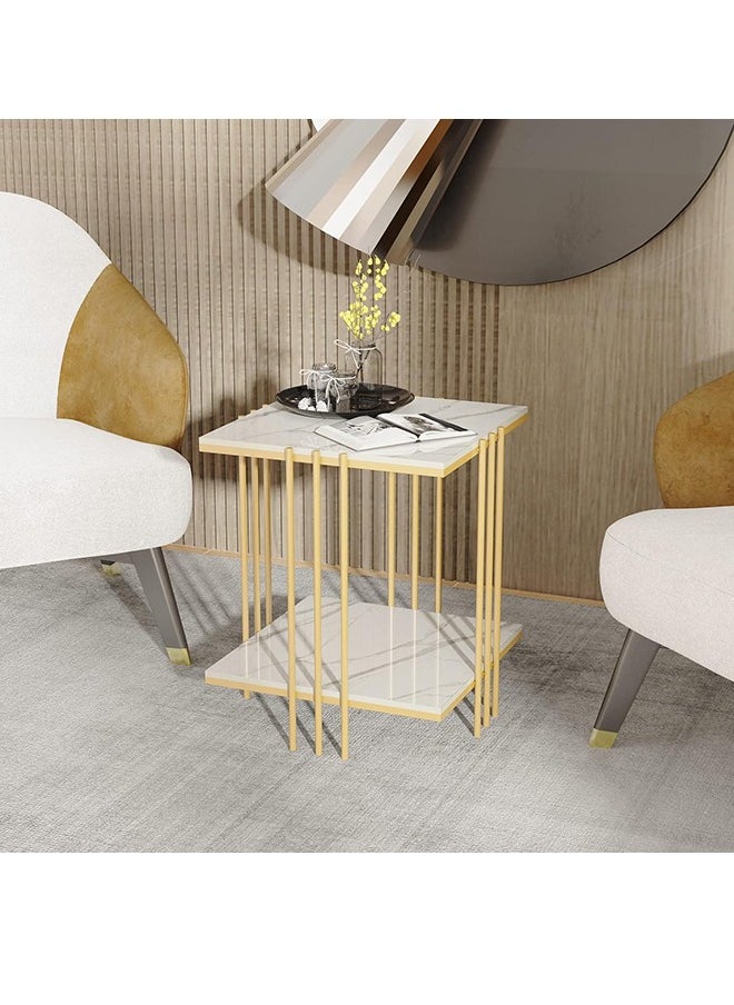 Generic Marble Top Side Table Gold 2 Tier Square White End Tables Sintered Stone Tabletop Bedside Table with Metal Golden Legs Nightstand Sofa Accent Table Home Furniture 44.5x44.5x55.5cm  - Image 4