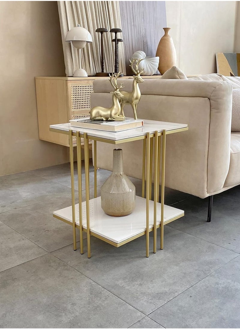 Generic Marble Top Side Table Gold 2 Tier Square White End Tables Sintered Stone Tabletop Bedside Table with Metal Golden Legs Nightstand Sofa Accent Table Home Furniture 44.5x44.5x55.5cm  - Image 5