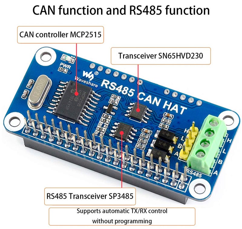 Waveshare RS485 CAN HAT for Raspberry Pi 5/4B/3B+/3B/2B/B+/Zero/Zero W/WH/2W, Long-Distance Communication via RS485/CAN Function, Onboard CAN Controller MCP2515, SPI Interface Transceiver SIT65HVD230DR - Image 4
