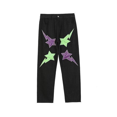 TRB original national trend hip-hop street lightning five-pointed star patch loose casual wide leg hiphop jeans trend Colored stars spot 