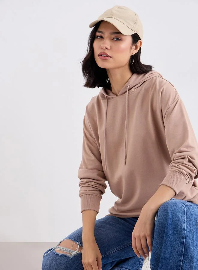 Styli Beige Styli Regular Fit  Longline Hoodie for Women | Best Price UAE