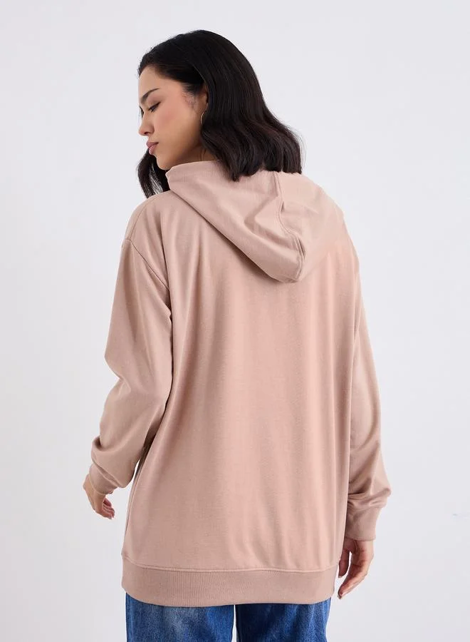 Styli Beige Styli Regular Fit  Longline Hoodie for Women | Best Price UAE