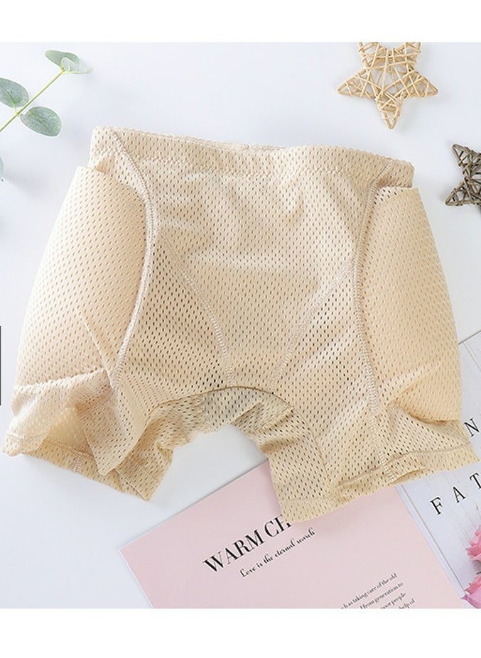 Loquat - Women's Solid Color Breathable Underwear Mid-Waisted Sponge Pad Hip Lift Boxer Briefs Soft Stretch Underwear Panties Beige - Image 1