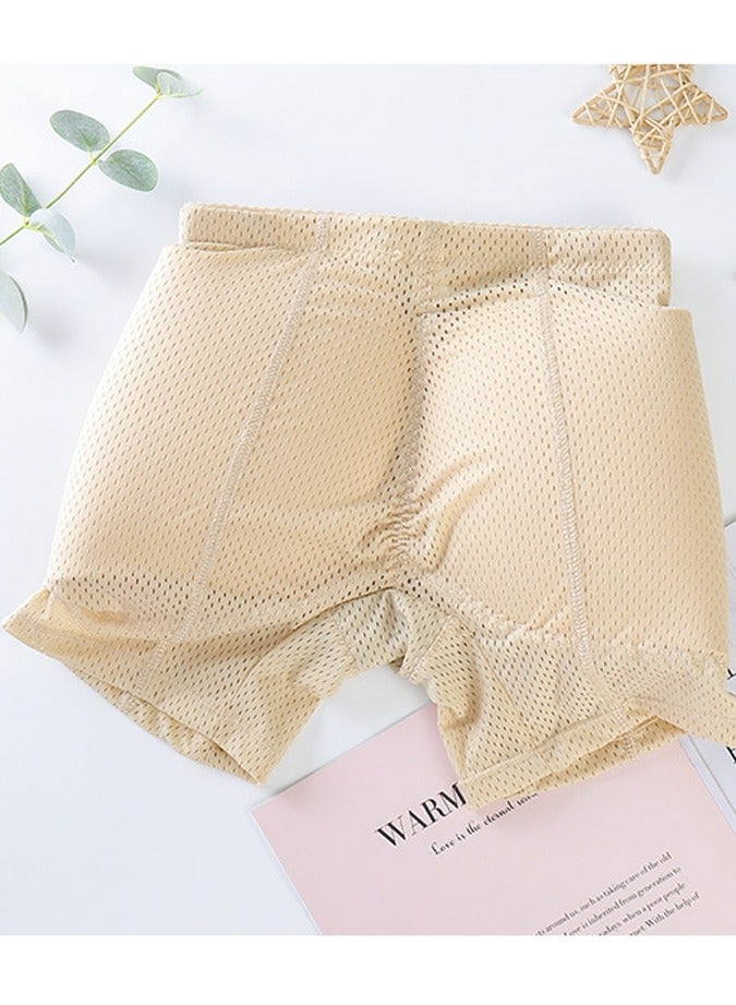 Loquat - Women's Solid Color Breathable Underwear Mid-Waisted Sponge Pad Hip Lift Boxer Briefs Soft Stretch Underwear Panties Beige - Image 1