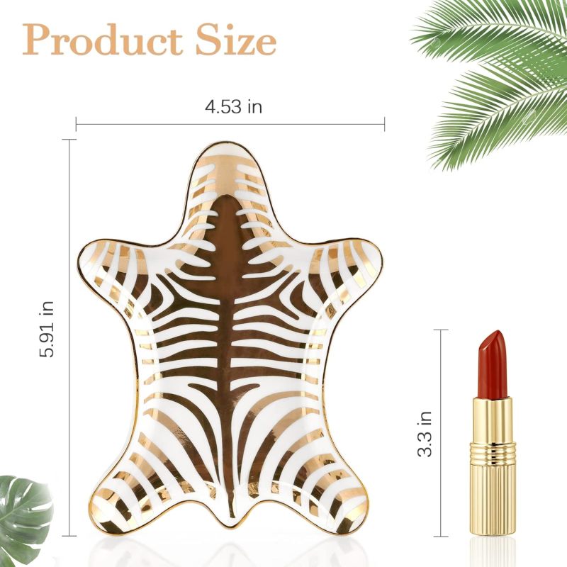 Hand-Painted Ceramic Jewelry Plate: Zebra Striped Gold Jewelry Tray for Rings Earrings Bracelets Organizer Vanity Decor - 15 x 11.5 cm Ring Dish for Home Office Nightstand - Image 3