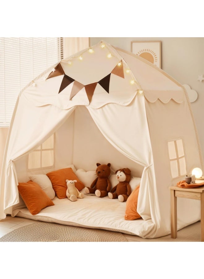 XICEN Large Kids Play Tent with Mat, Flags & Star Lights, Indoor Outdoor Dome Playhouse, Portable Bed Canopy for Boys & Girls, Kids Foldable Teepee, Size 59" x 39" x 59" - Image 1