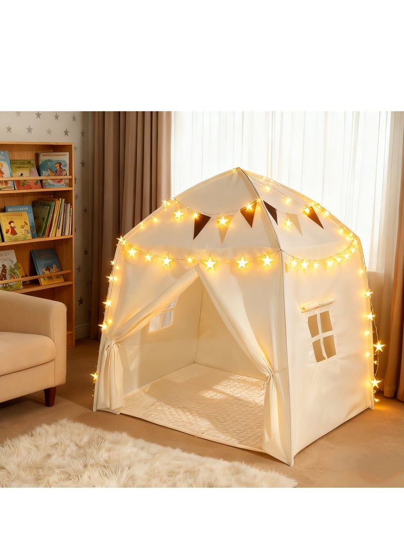 XICEN Large Kids Play Tent with Mat, Flags & Star Lights, Indoor Outdoor Dome Playhouse, Portable Bed Canopy for Boys & Girls, Kids Foldable Teepee, Size 59" x 39" x 59" - Image 2