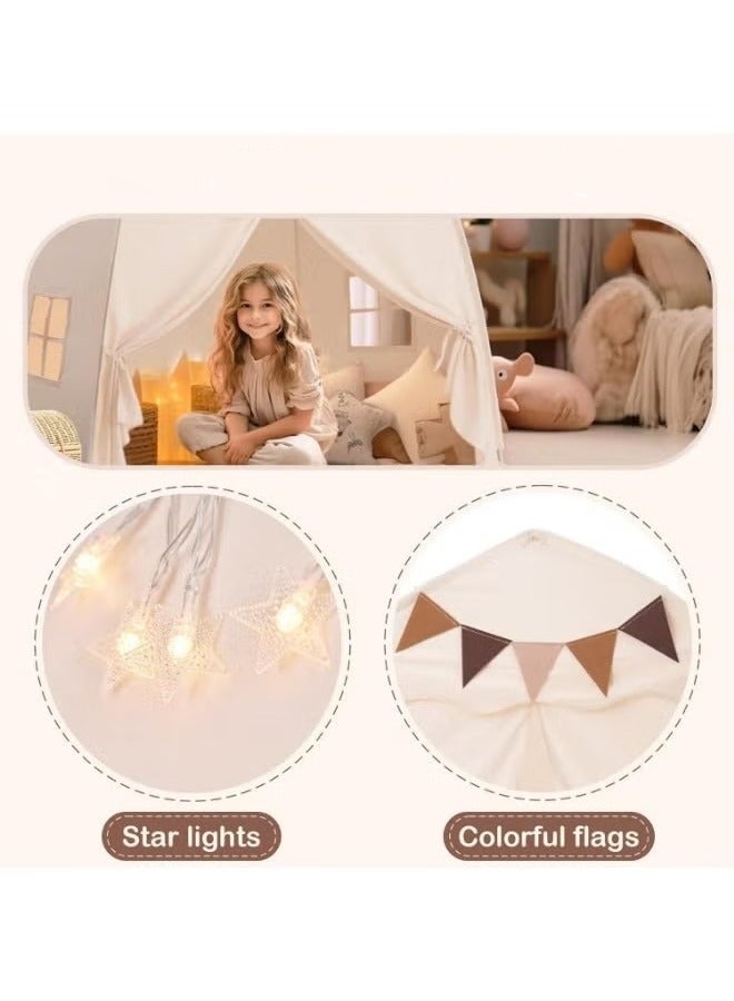 XICEN Large Kids Play Tent with Mat, Flags & Star Lights, Indoor Outdoor Dome Playhouse, Portable Bed Canopy for Boys & Girls, Kids Foldable Teepee, Size 59" x 39" x 59" - Image 4