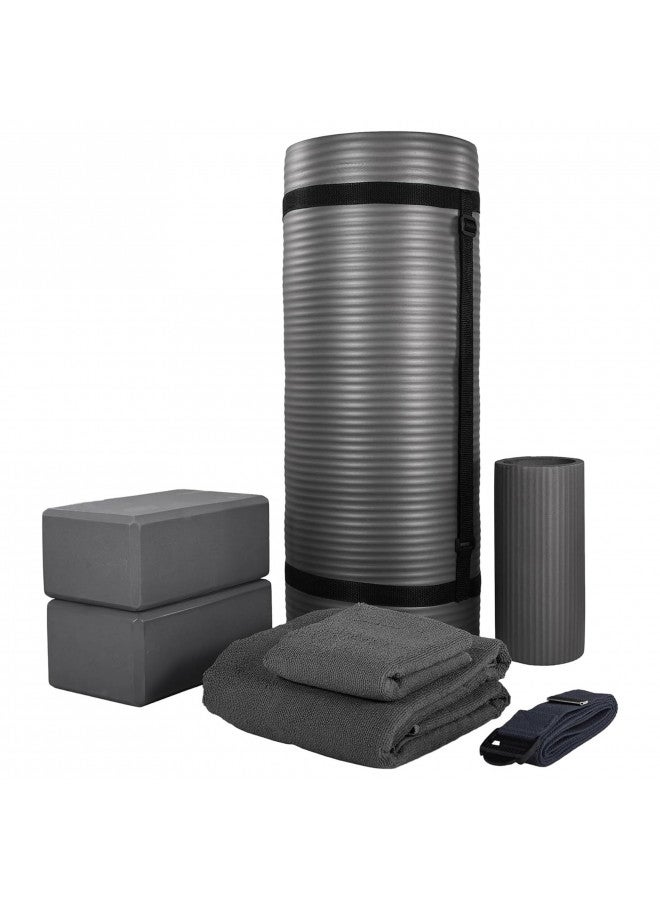 BalanceFrom BalanceFrom 7-Piece Set - Include Yoga Mat with Carrying Strap, 2 Yoga Blocks, Yoga Mat Towel, Yoga Hand Towel, Yoga Strap and Yoga Knee Pad (Gray, 1/2"-Thick Mat)  - Image 1