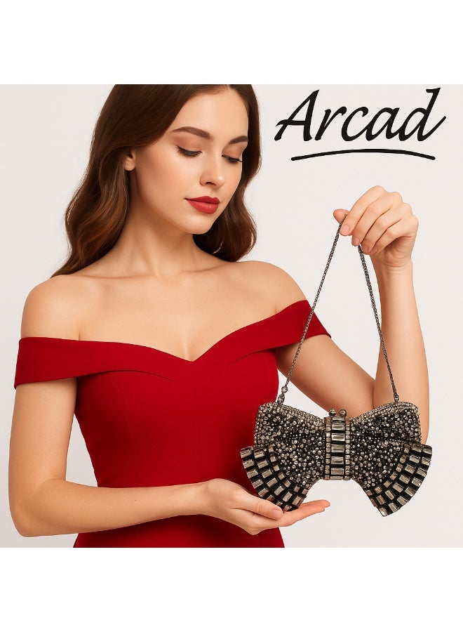 أركاد حقيبة كلاتش نسائية فاخرة من أركاد بشكل فيونكة مزينة بالكريستال للسهرات والحفلات مع سلسلة – أسود وفضي - Image 1