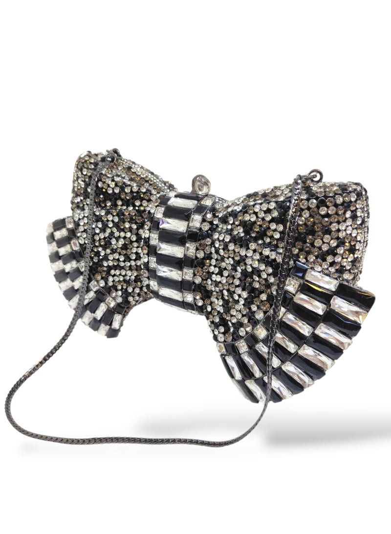 أركاد حقيبة كلاتش نسائية فاخرة من أركاد بشكل فيونكة مزينة بالكريستال للسهرات والحفلات مع سلسلة – أسود وفضي - Image 2