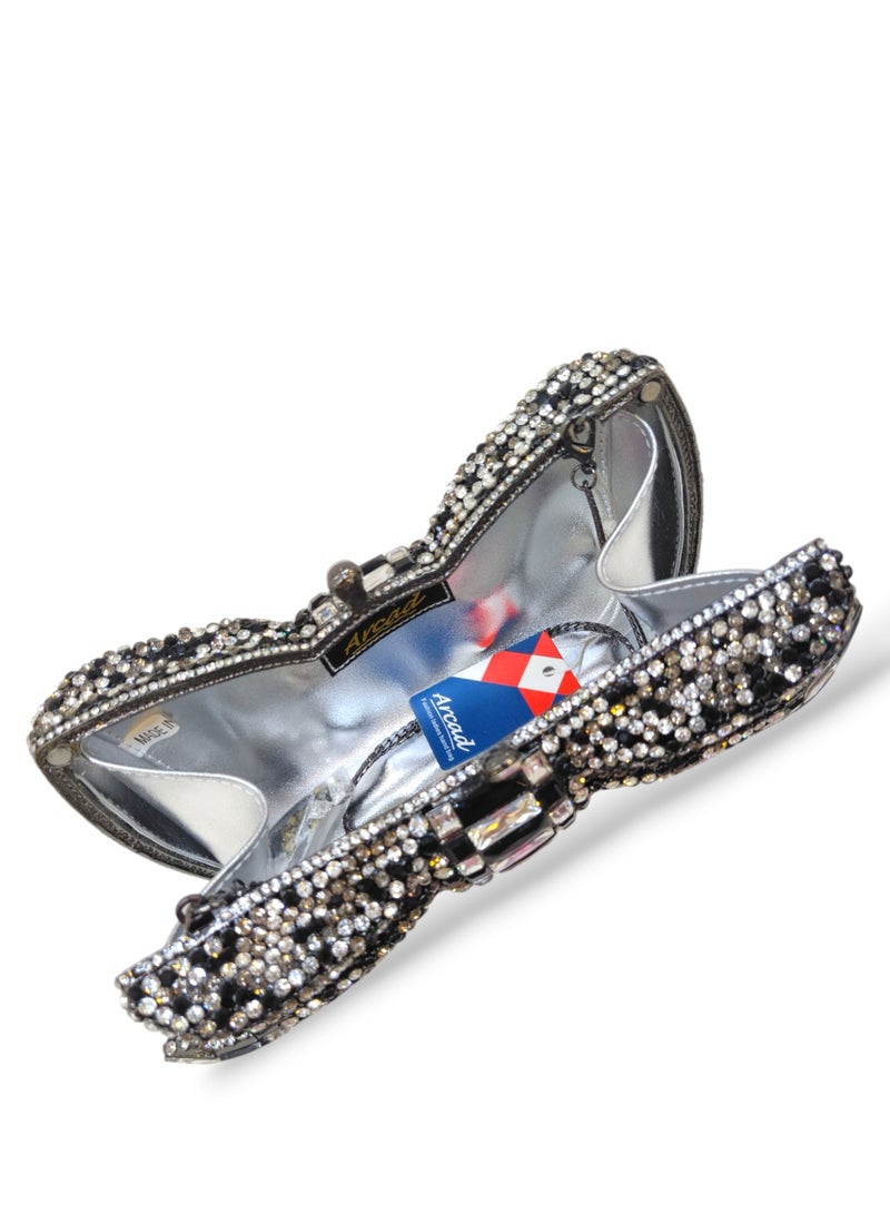 أركاد حقيبة كلاتش نسائية فاخرة من أركاد بشكل فيونكة مزينة بالكريستال للسهرات والحفلات مع سلسلة – أسود وفضي - Image 3