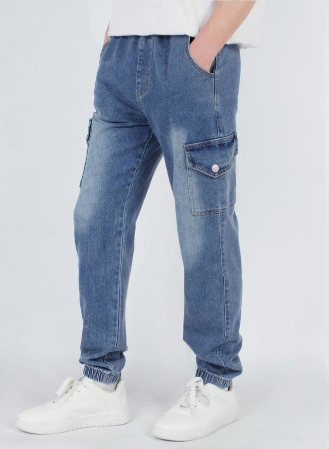 CAMLAKEE Boys Cargo Pants for Kids Stretch Elastic Waist School Youth Twill Joggers Denim 6-7 Years/Size 130 - Image 3