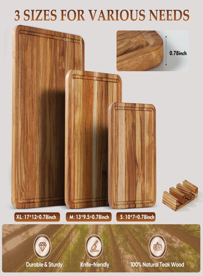 Conflech 3 Pack Teak Cutting Board Set for Kitchen Wood Charcuterie Board with Juice Groove Wooden Cutting Boards Non Toxic Heavy Duty Slip Over Sink Solid Thick Chopping Board FSC - Image 2