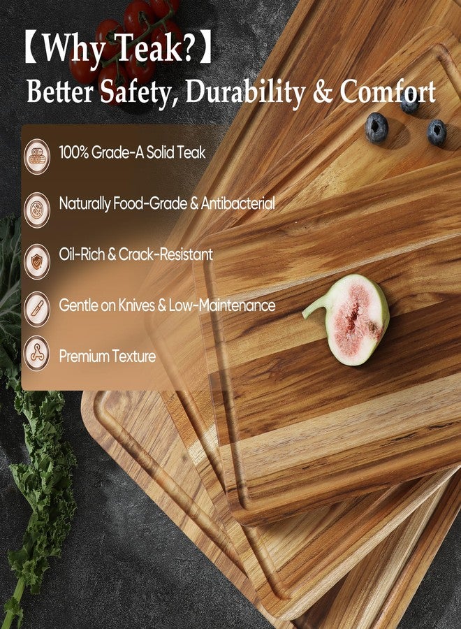 Conflech 3 Pack Teak Cutting Board Set for Kitchen Wood Charcuterie Board with Juice Groove Wooden Cutting Boards Non Toxic Heavy Duty Slip Over Sink Solid Thick Chopping Board FSC - Image 3