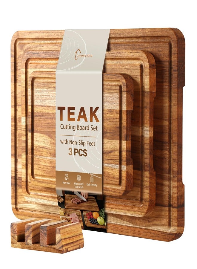 Conflech 3 Pack Teak Cutting Board Set for Kitchen Wood Charcuterie Board with Juice Groove Wooden Cutting Boards Non Toxic Heavy Duty Slip Over Sink Solid Thick Chopping Board FSC - Image 1