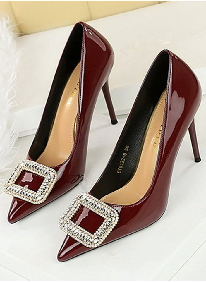 BIGTREE Women's Closed Pointed Toe Stiletto Pump Rhinestone Square Buckle Decoration High Heels Wine Red 10 CM  - Image 1